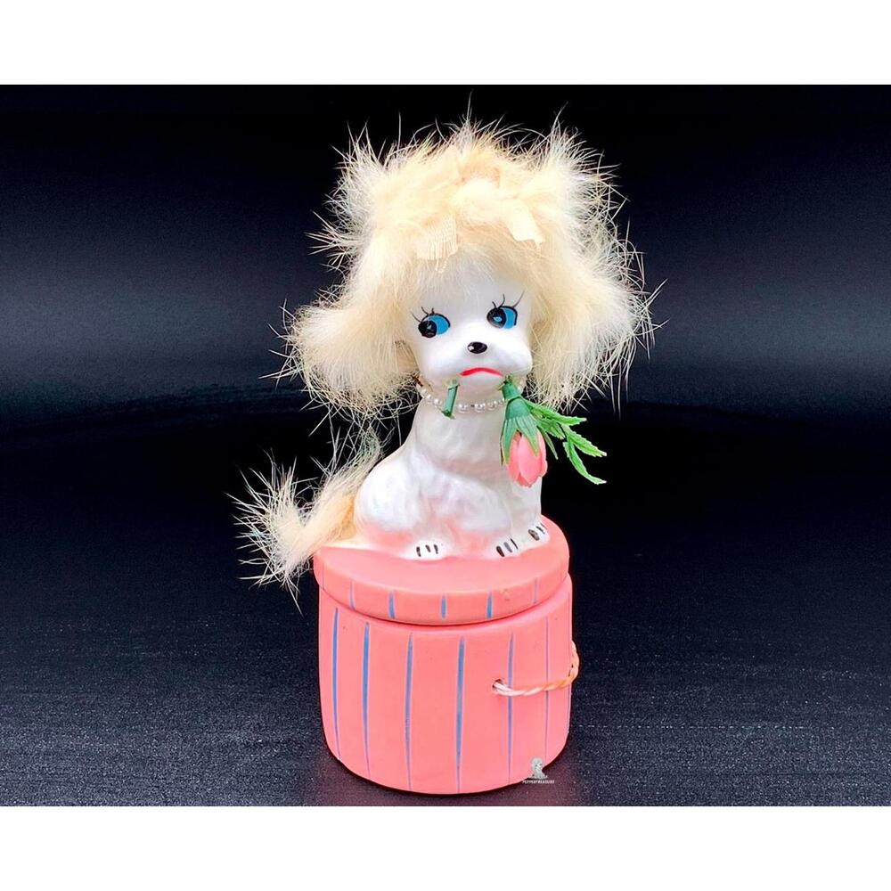 Enesco Pink Poodle Trinket Box Vintage Ceramic Dog Pearl String Jewelry Box